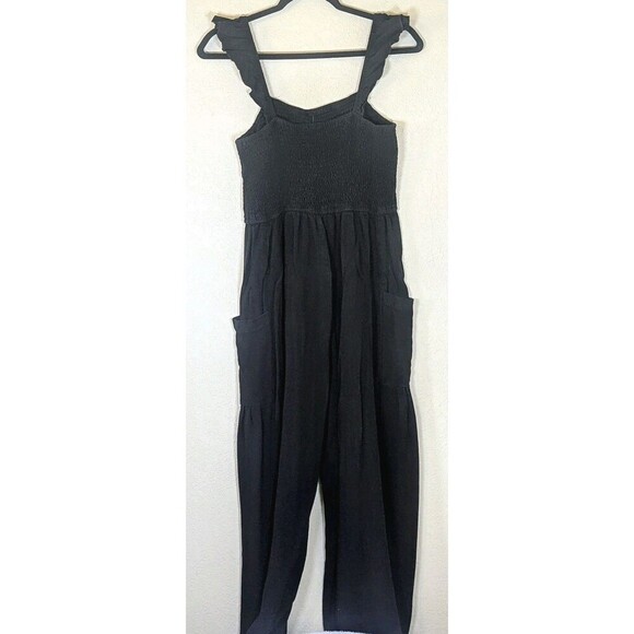Sleeveless Smock Top Black Linen Blend Wide Leg Jumpsuit Size M - Picture 6 of 6